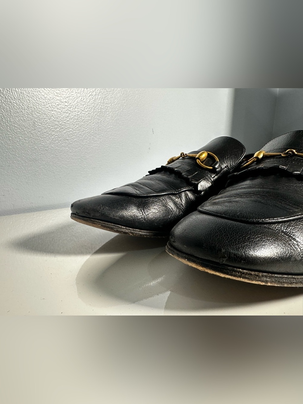 GUCCI Horsebit Collapsible Fringe Loafers shoes Black Leather Men’s 11 - Picture 4 of 10